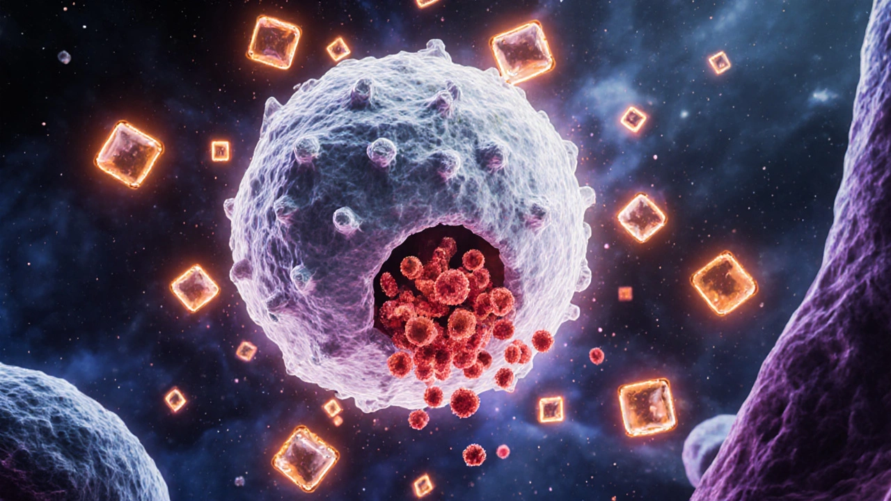 Bílé krvinky bojují s bakteriemi, obklopené zářícími částicemi vitamínu C.