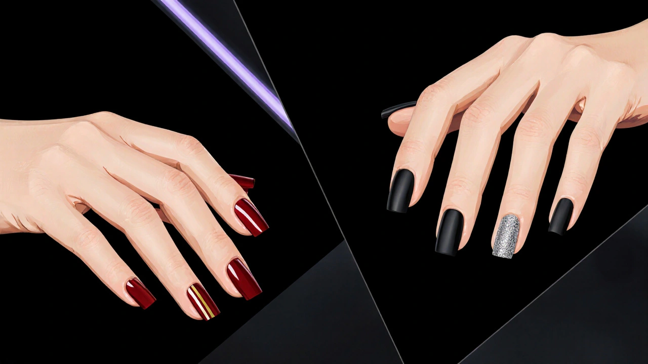 Dvě ruce: červený lak s páskem a matná černá s jedním lesklým glitterem.