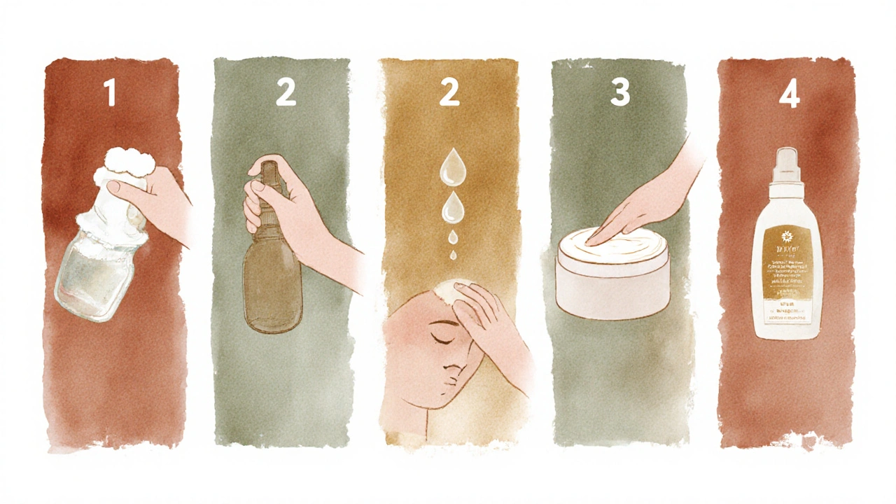 Ilustrace pěti kroků péče o pleť: čisticí pěna, tonikum, sérum, krém, SPF.