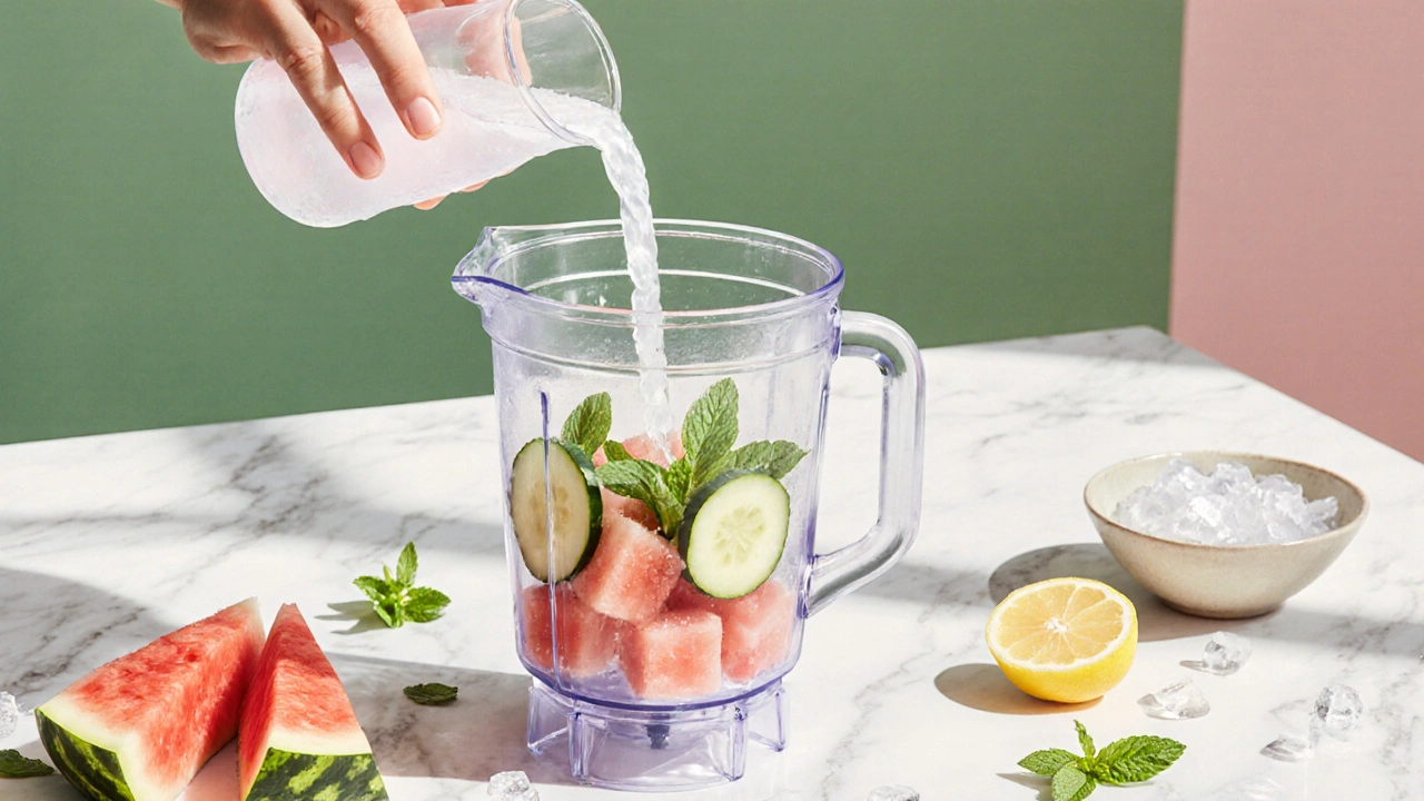 Ilustrace přípravy smoothie z melounu, okurky a limetky v kuchyni.