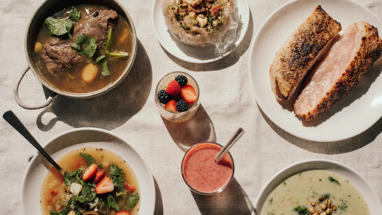 Kolagenové jídla týdne – vývar, kuře, rybí polévka, vepřová kůže, želatina, smoothie, zeleninová polévka.