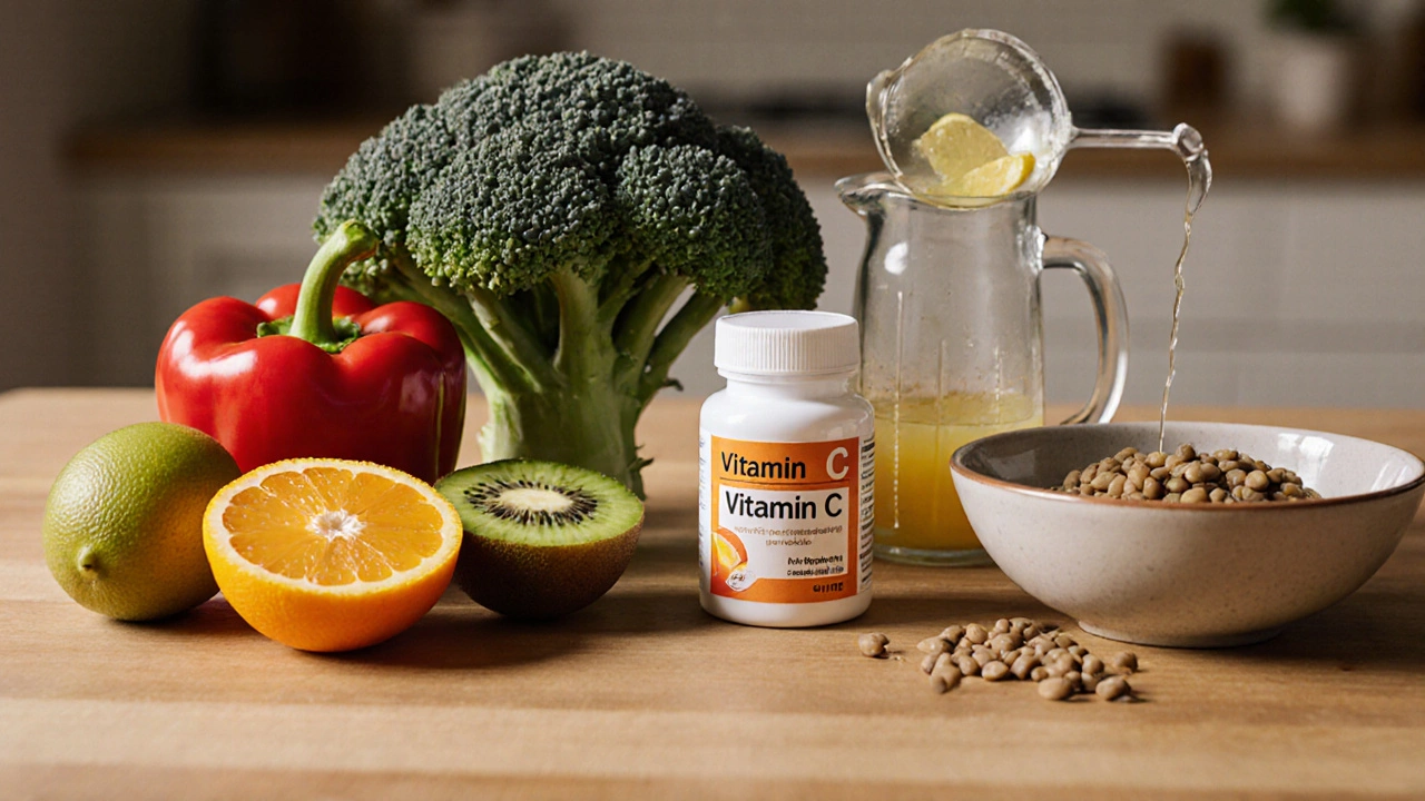 Kuchyňský stůl s citrusy, paprikou, brokolicí a lahvičkou doplňků vitamínu C.