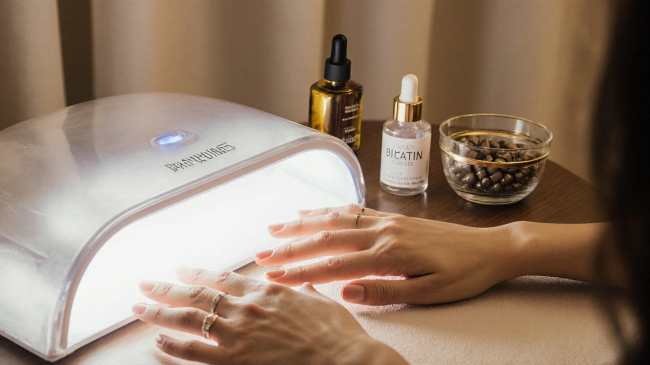 Manikúrovací stůl s UV lampou, laky, olejem a biotinem, horlivá péče o nehty.