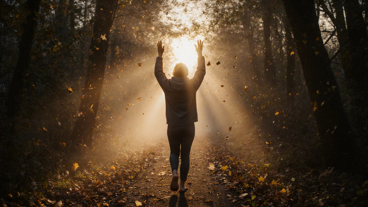 Osoba chodí bosá lesní cestou večer, dýchá hluboce ve světle západu slunce.