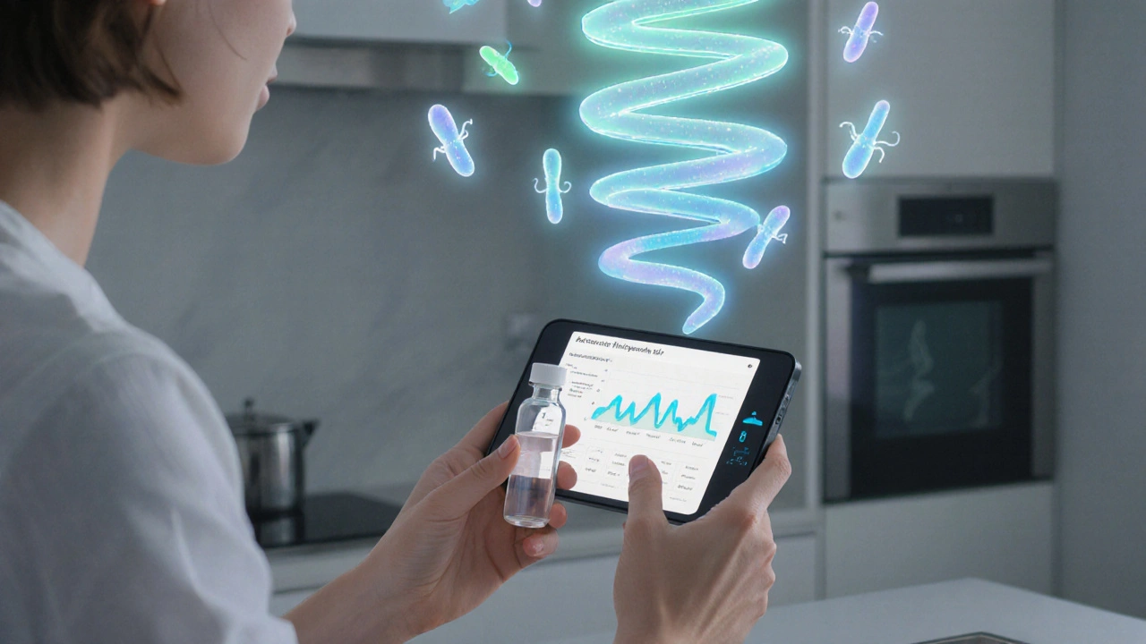 Osoba provádí domácí test mikrobiomu s jemnými světelnými efekty.