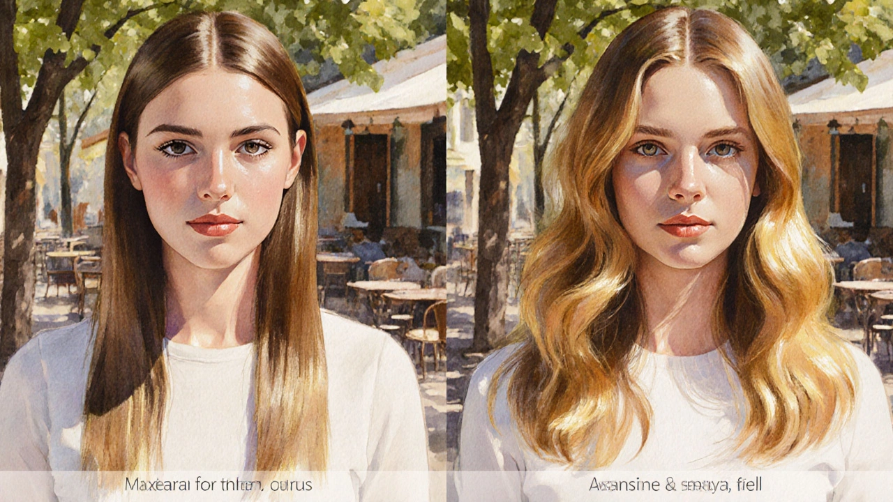 Před a po: zdravé, lesklé vlasy po aplikaci séra a arganového oleje v slunečném prostředí.