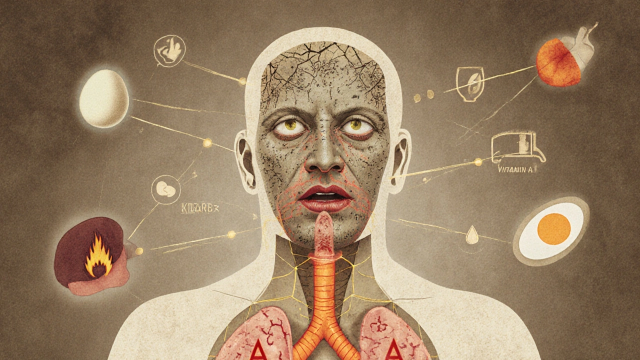 Průřez lidského těla s viditelnými příznaky nedostatku vitamínu A v očích, kůži a dýchacích cestách.