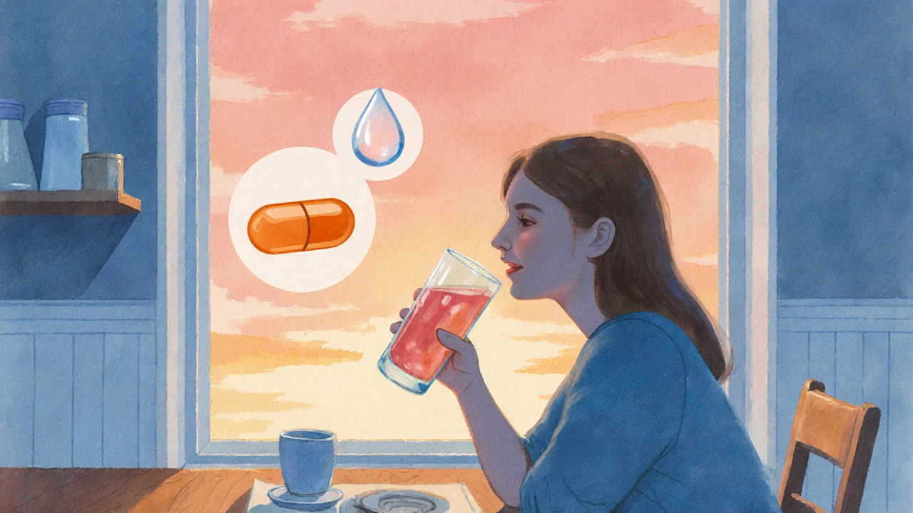 Ranní snídaně – osoba pije kolagenový drink na lačný žaludek, vedle vitamín C a kyselina hyaluronová.
