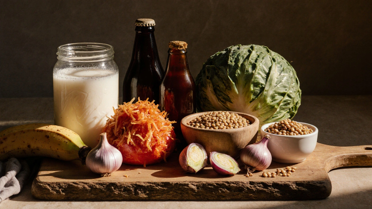 Rozložení probiotických a prebiotických potravin na dřevěném podnose.