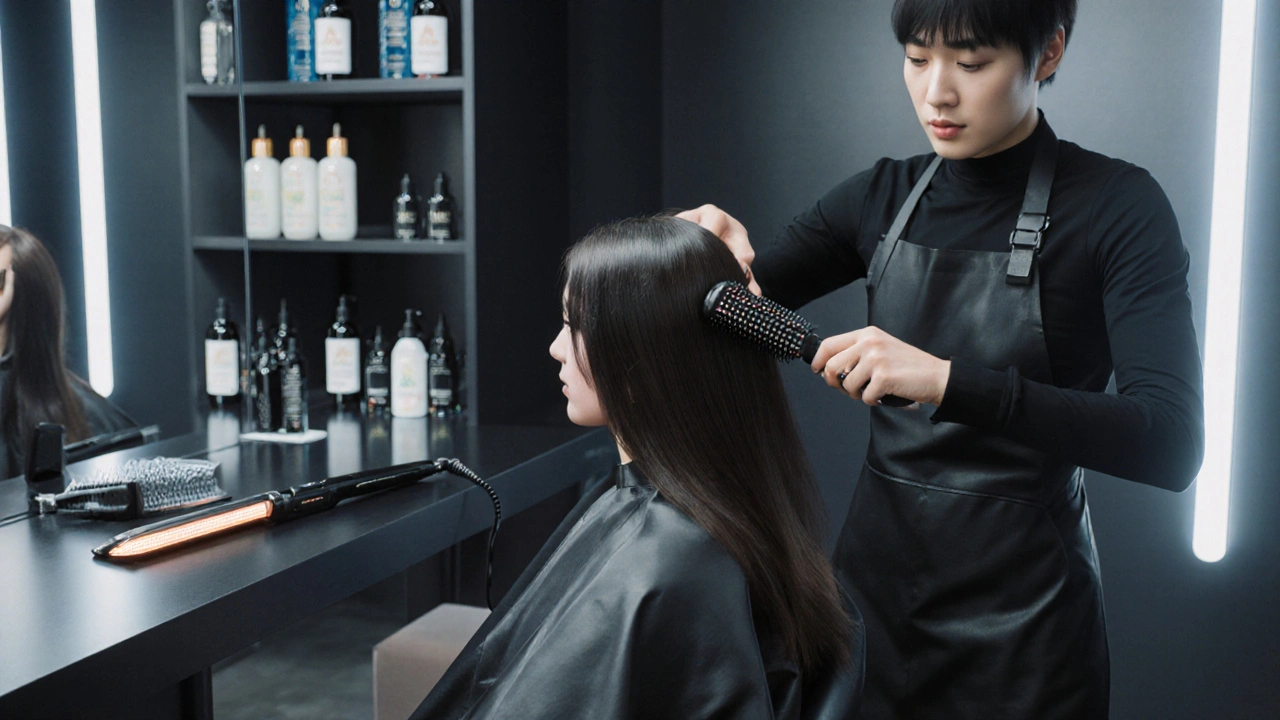 Stylista v salonu aplikuje keratinový roztok a používá horkou žehličku.
