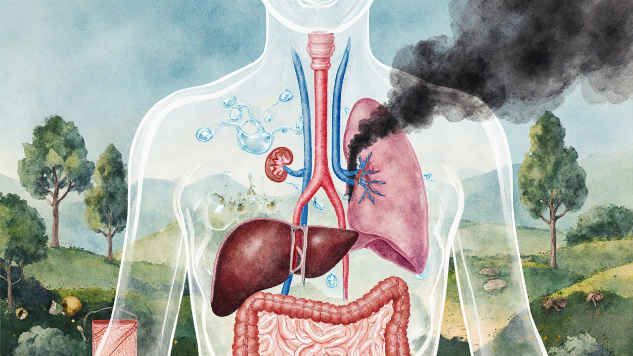 Transparentní ilustrace vnitřních orgánů těla, které spolupracují při přirozené detoxikaci.