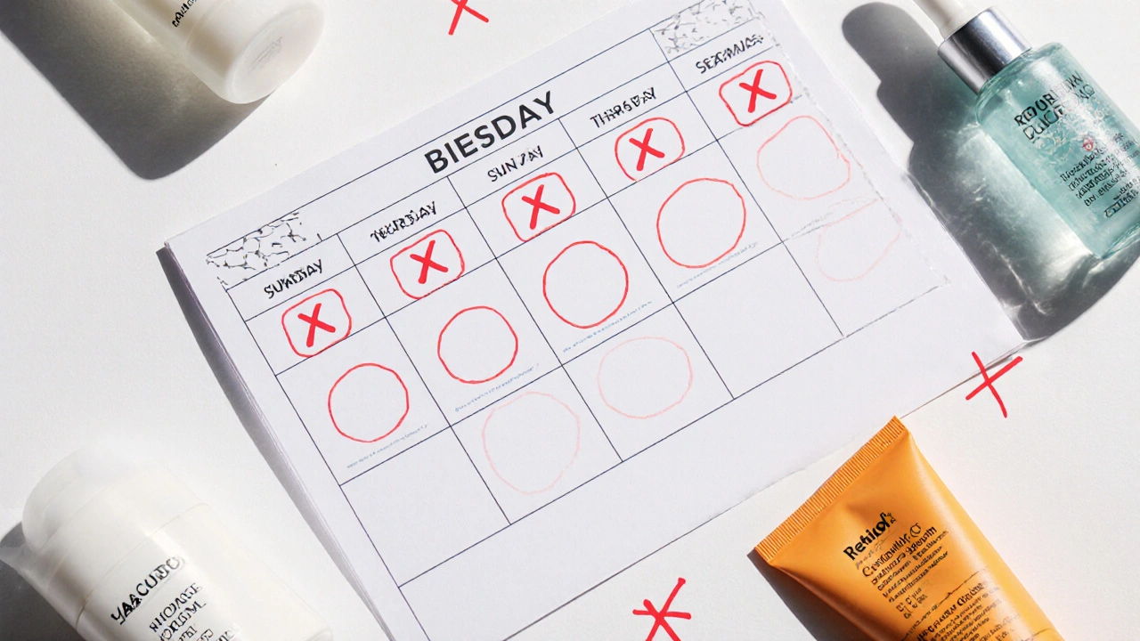 Týdenní kalendář péče o pleť s označenými dny pro AHA a vyloučenými látkami jako retinol a vitamín C.
