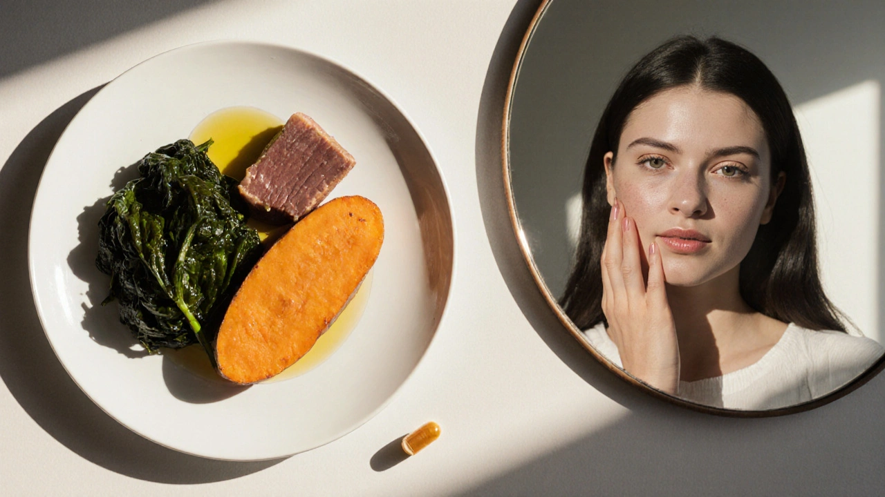 Zdravá jídla bohatá na vitamín A vedle příznaků jeho nedostatku na kůži a zraku.