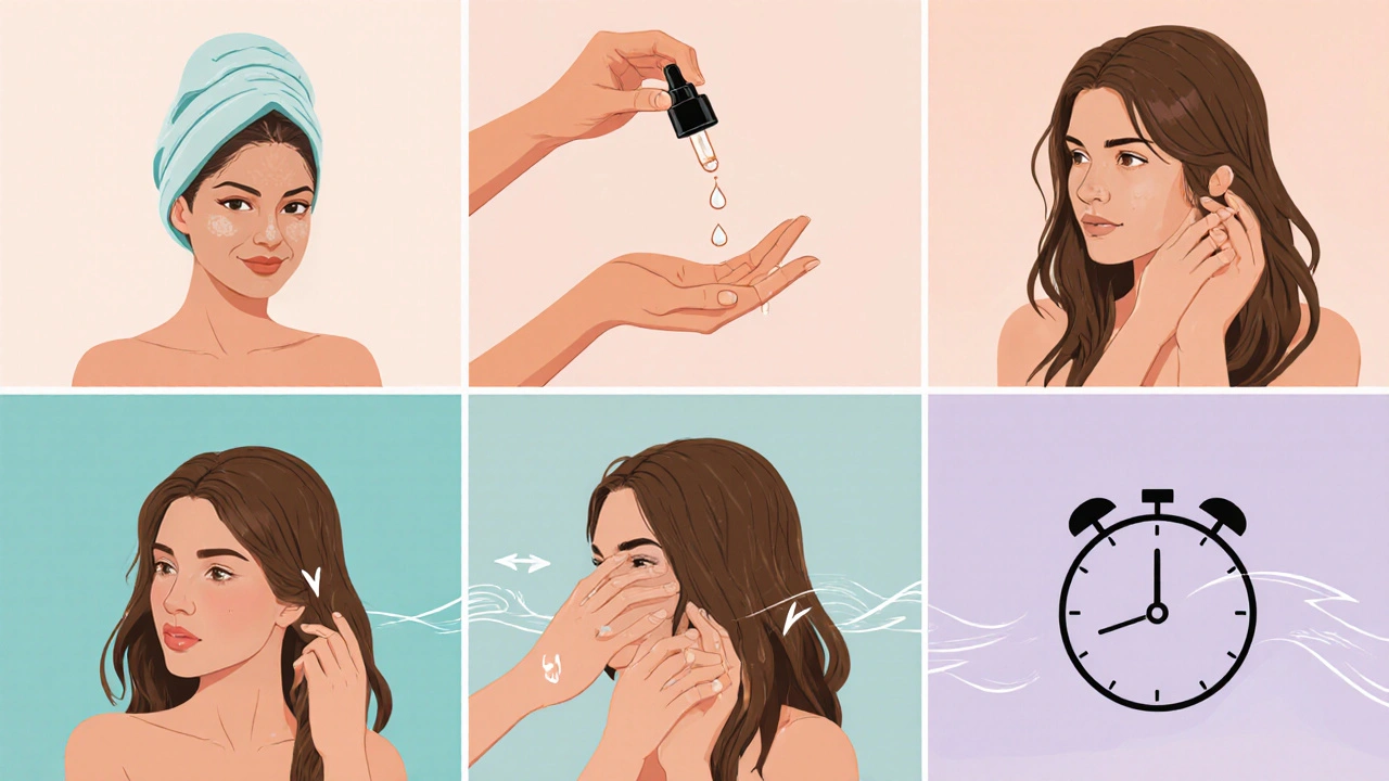 Žena rozdělí vlhké vlasy na sekce, aplikuje kapky séra a masíruje středy a konce.