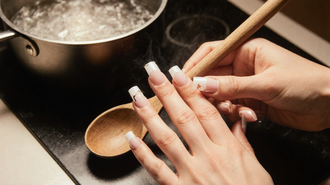 Akrylové nehty během práce v kuchyni s hrncem na pozadí.