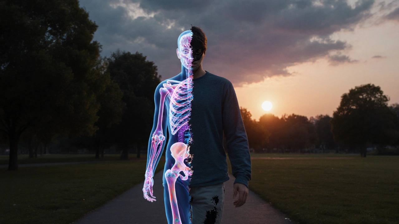Člověk chodí v parku, tělo s viditelným kontrastem zdravého a poškozeného kolagenu.