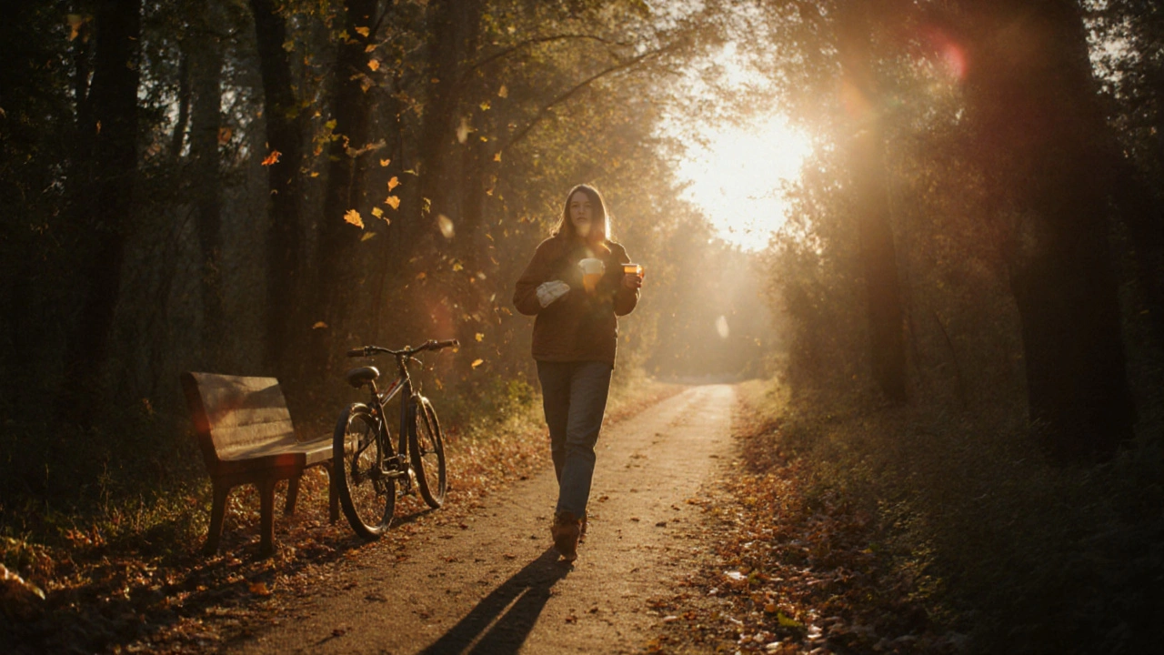 Člověk kráčí lesní cestou při západu slunce, drží čaj, symbol obnovy a každodenního výběru.