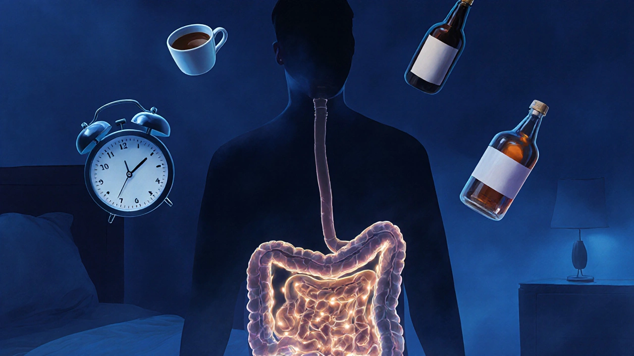 Člověk v noci s předměty stresu nad průhledným střevem s umírajícími bakteriemi.