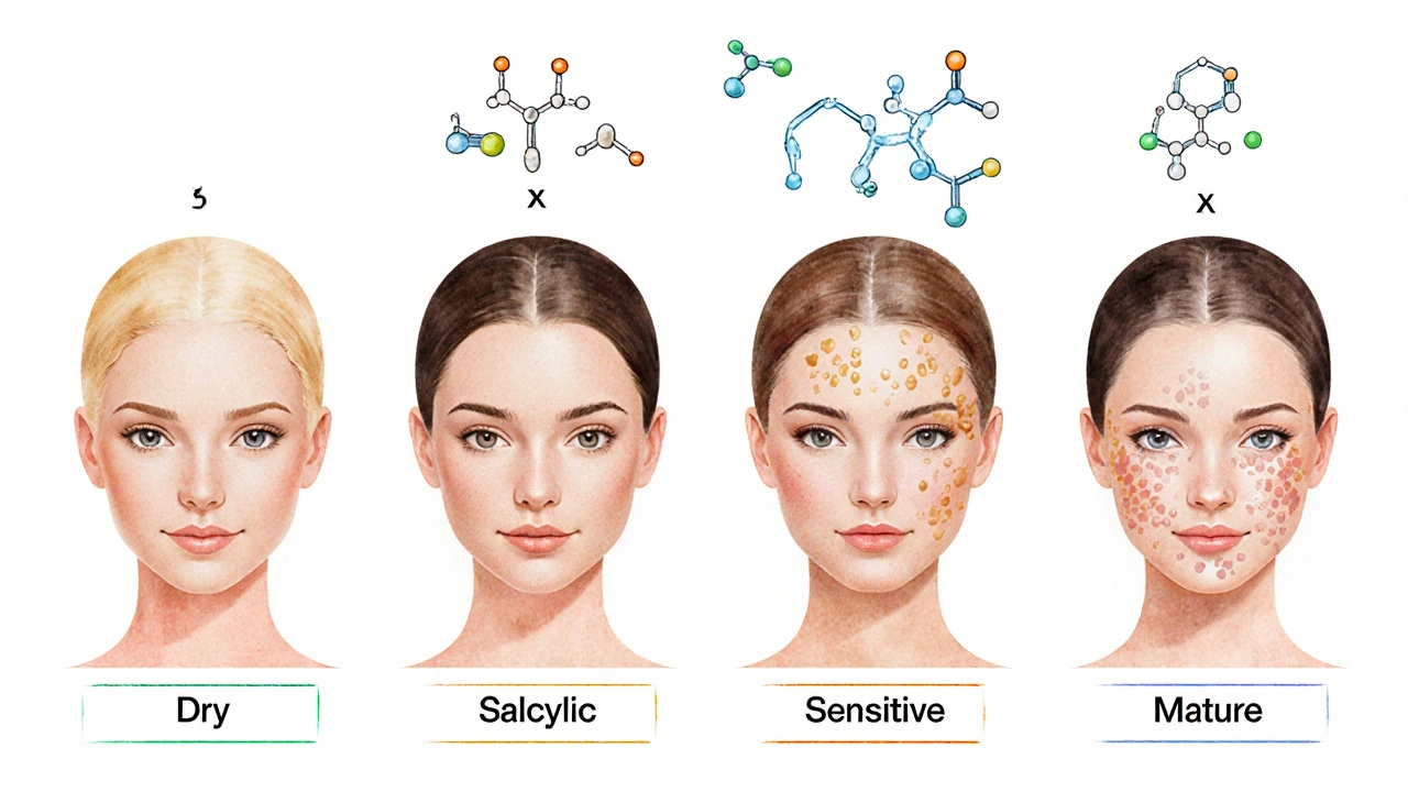 Čtyři typy pleti s příslušnými frekvencemi peelingu a chemickými kyselinami.