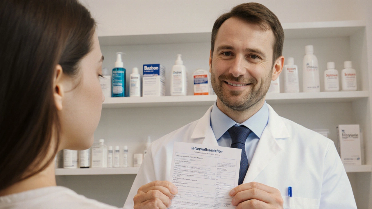 Dermatolog v klinice předává pacientovi předpis isotretinoinu, na pozadí léčivé přípravky.