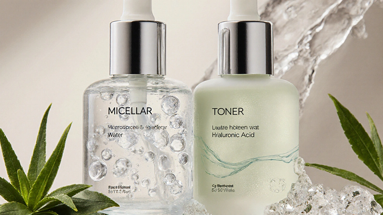 Dvě láhve s micelární vodou a tonikem vedle sebe, s mikroskopickými částečkami a rostlinnými prvky.