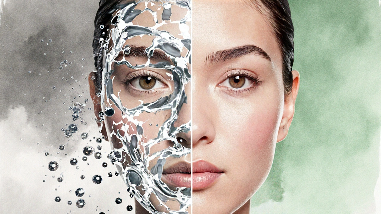 Dvě strany obličeje: jedna po čištění micelární vodou, druhá po použití toniku s jemně uzavřenými póry.