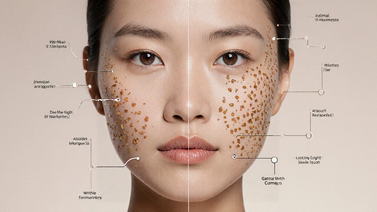 Dvě verze obličeje: mladistvý vs. poškozený sluncem, s cestou ochrany SPF.