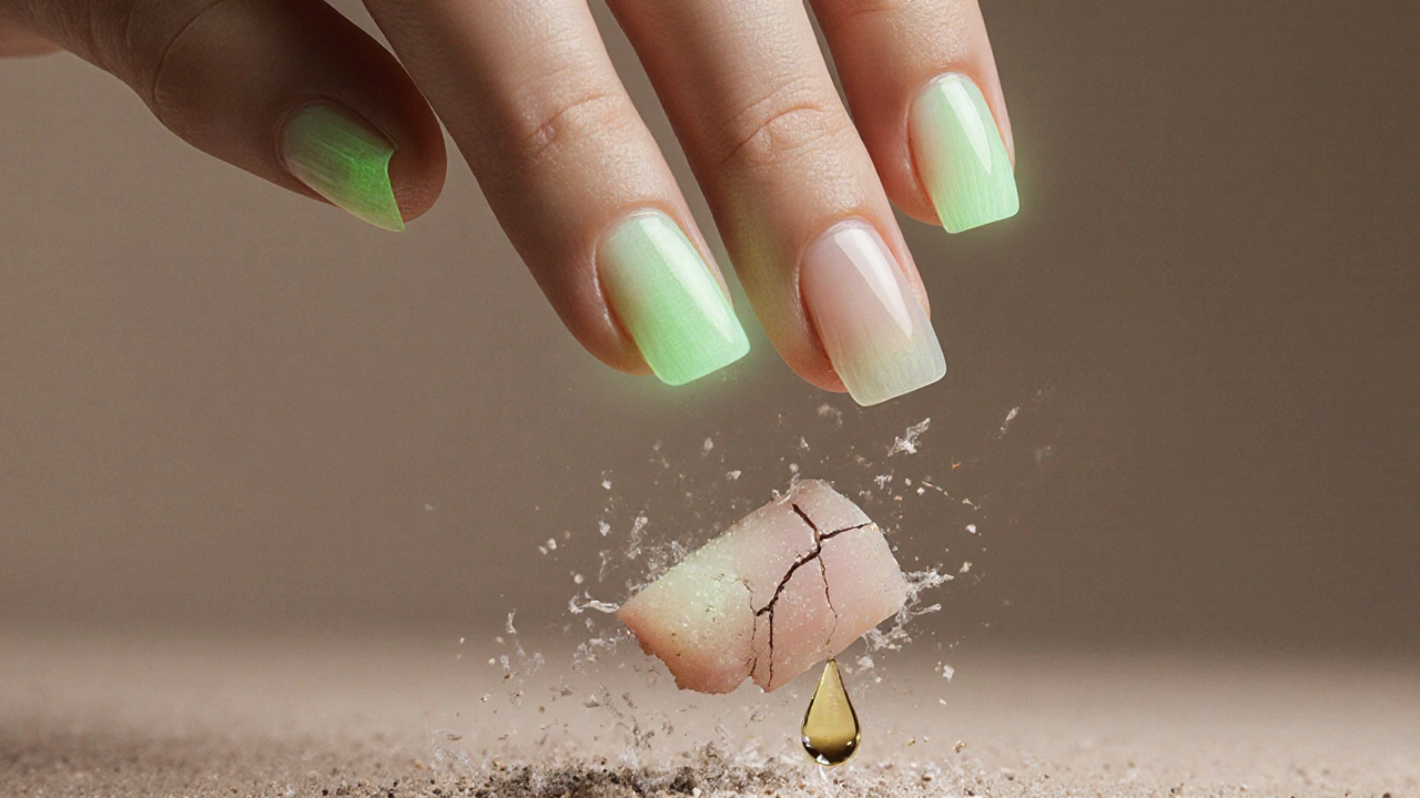 Fiberglassové nehty s jemným zářivým efektem nad poškozeným nehtem.