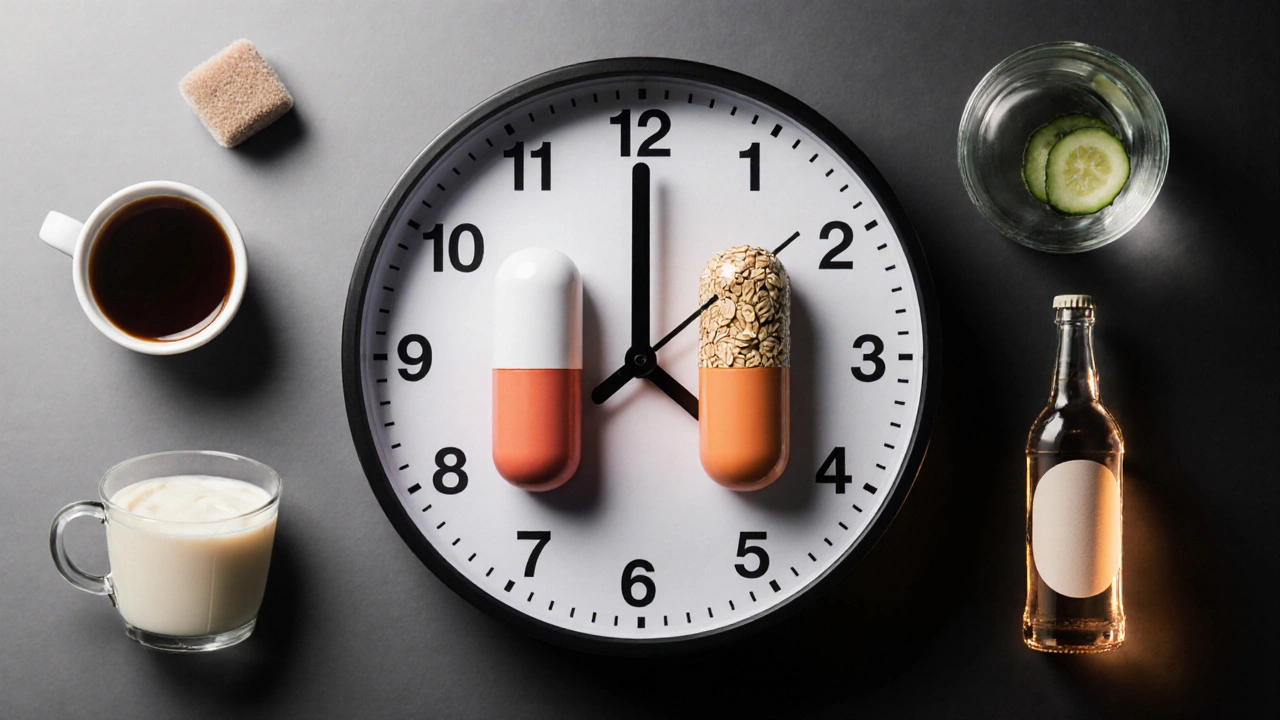 Hodiny s pilulkou a probiotikem symbolizují správný časový interval mezi příjmem.