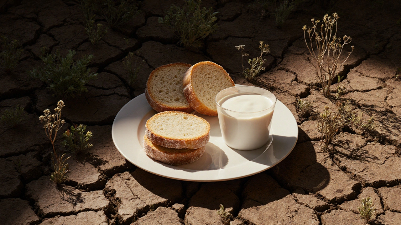 Jídlo zpracované potraviny na talíři, které ničí střevní mikroflóru jako suchou půdu.