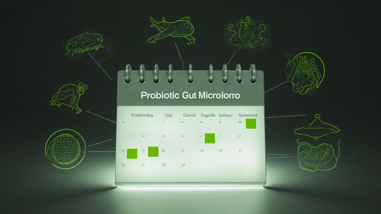 Kalendář s označenými dny užívání probiotik a symboly ovlivňující mikrobiom.