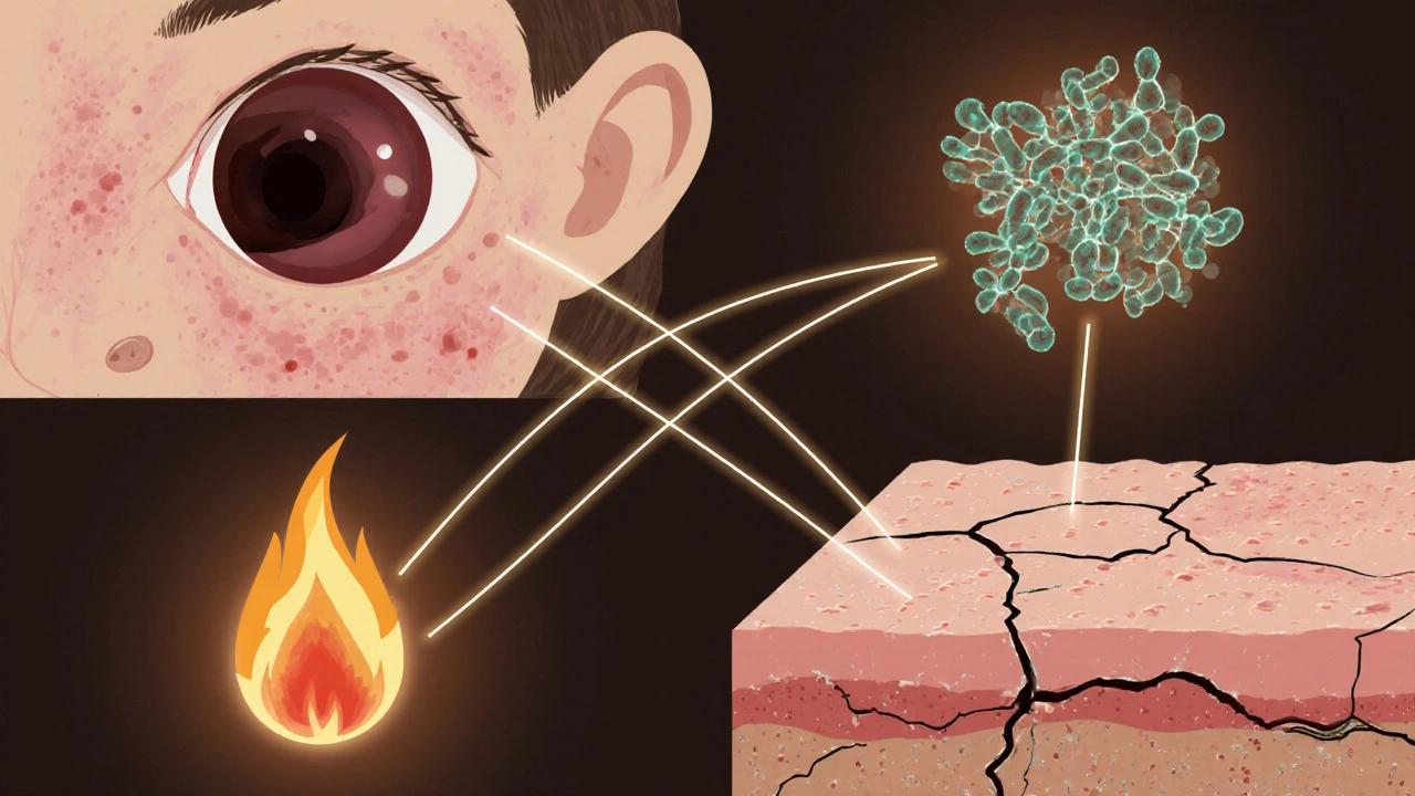 Koncepční znázornění čtyř příčin akné: zablokovaný pór, bakterie, zánět a poškozená kůže.