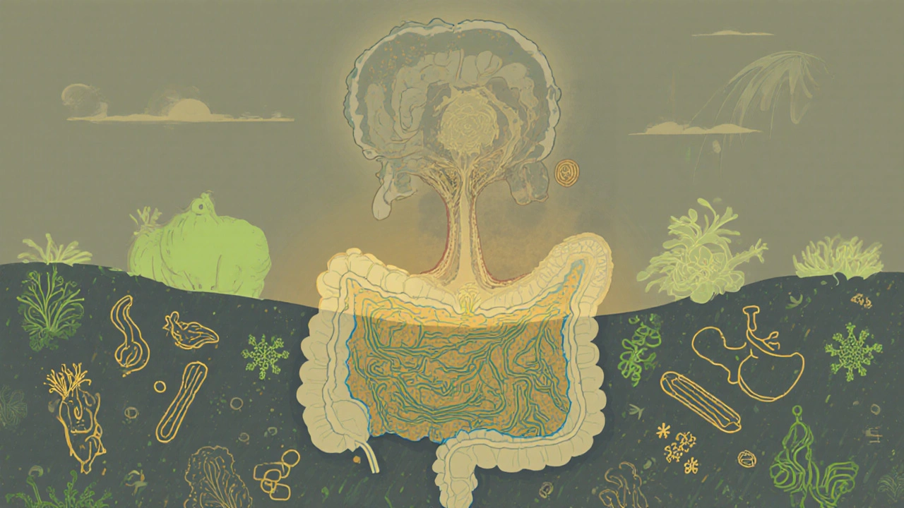 Konceptuální znázornění zdravého střevního ekosystému s výživou a imunitními látkami.