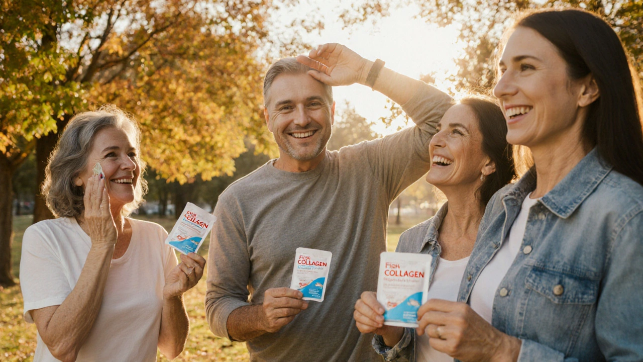 Lidé různých věků užívající rybí kolagen v přírodě