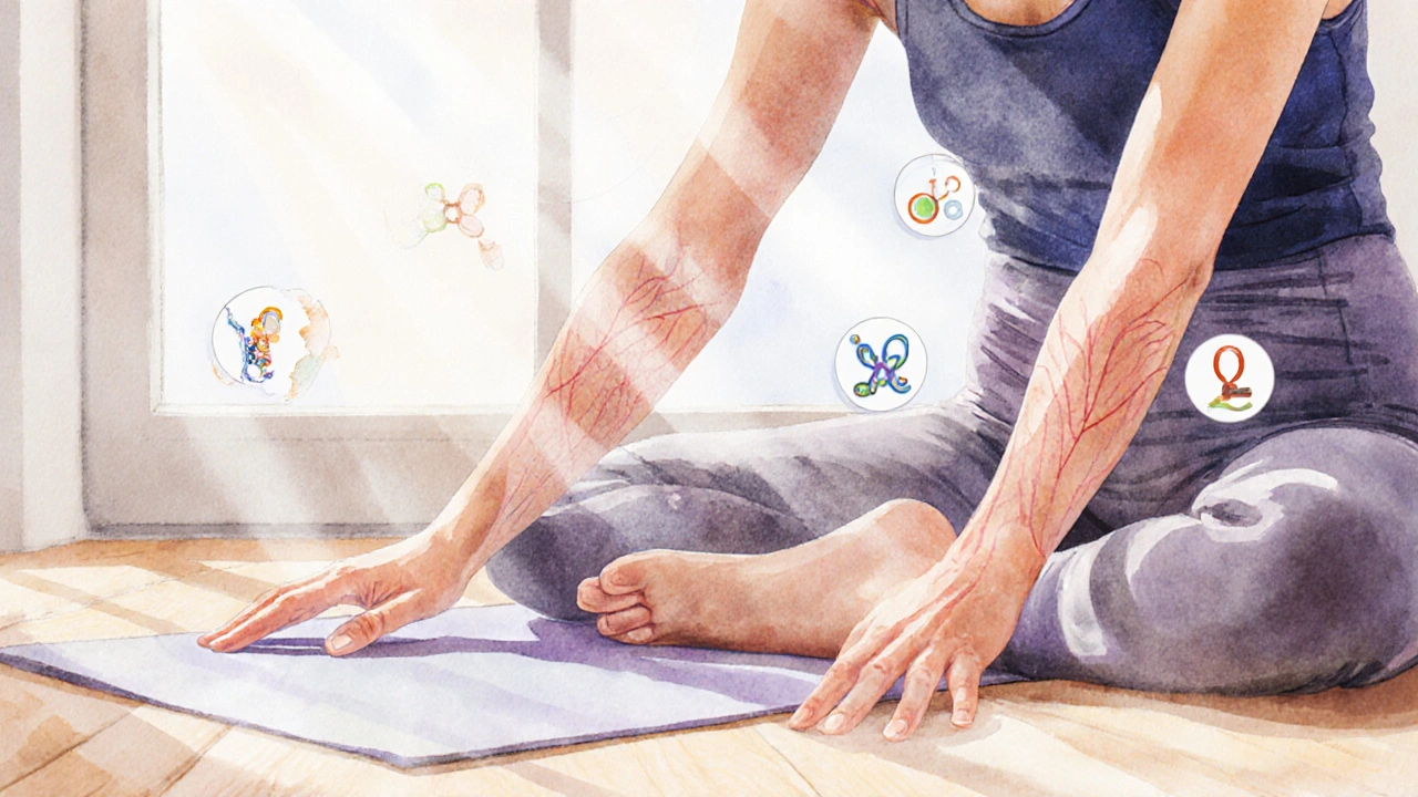 Osoba dělá jemné jóga pózy na podlaze s přírodním světlem a molekulami živin.