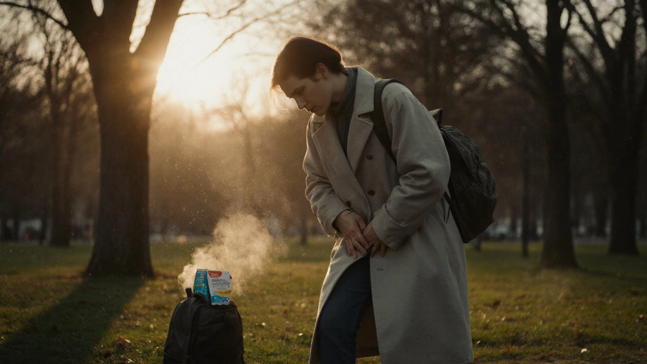 Osoba kráčí v parku v ranním světle, jemně masíruje koleno, za ní vycházející slunce.