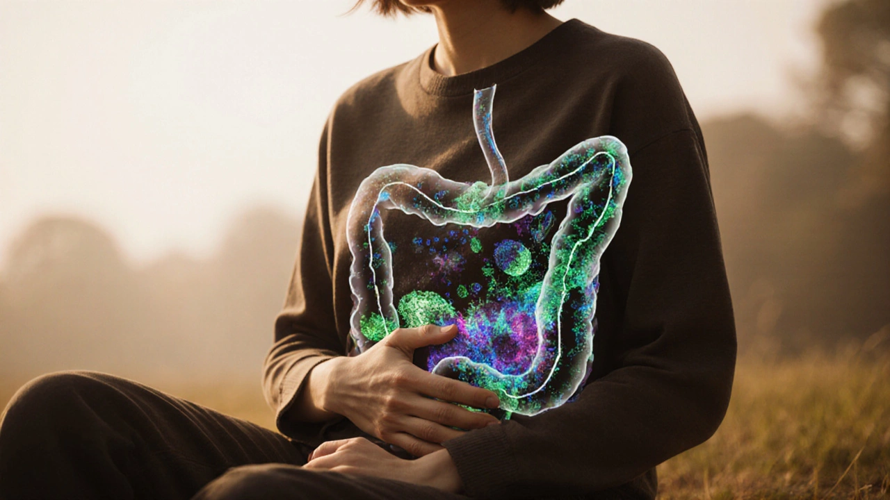 Osoba s rukou na břiše, s přechodnými obrazy změny mikroflóry v průběhu týdnů.