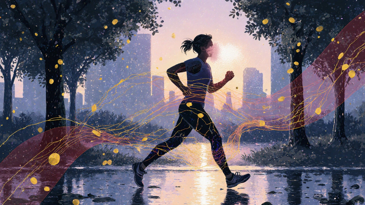 Osoba se prochází dešťovým parkem ráno, symbolizující pohyb pro detoxikaci.