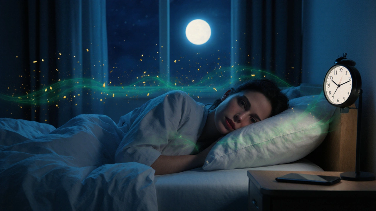 Osoba spící v klidné noční scéně s melatoninem a antioxidanty čistícími tělo.