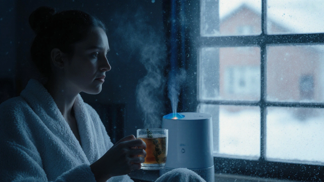 Osoba v klidné místnosti s vlhčičem vzduchu, proti výhřevu topení a sněhu venku.
