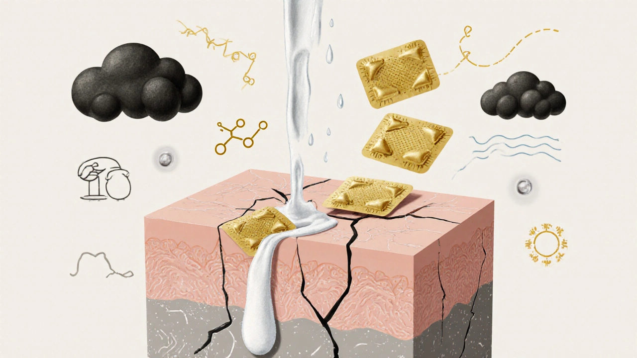 Poškozená kůžová bariéra jako rozštěpená váza, kterou opravují tuky a ceramidy.