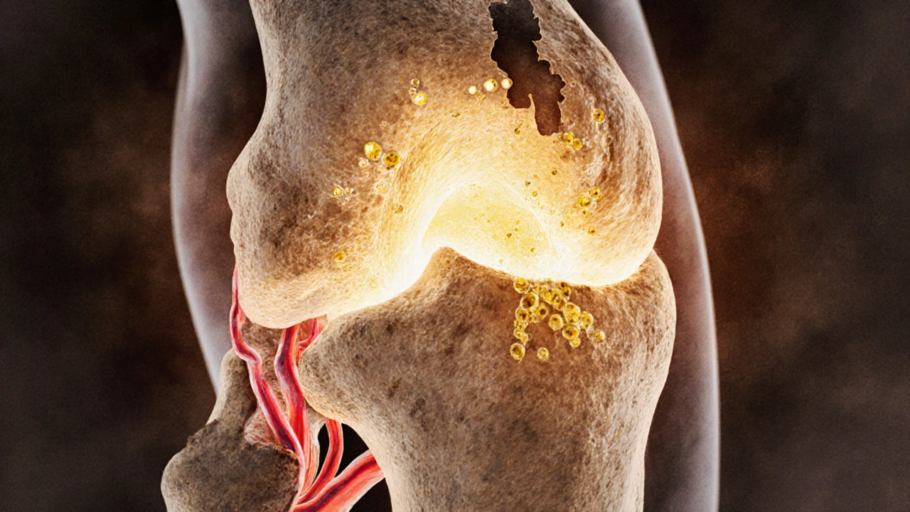 Příčný řez kloubem s vyčerpanou synovální tekutinou a obnovujícími se kolagenovými vlákny pod světlem vitamínu C.