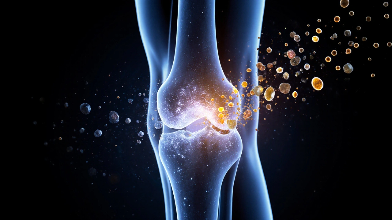 Přirozená regenerace kloubu pomocí kolagenu a vitamínů v abstraktní podobě.