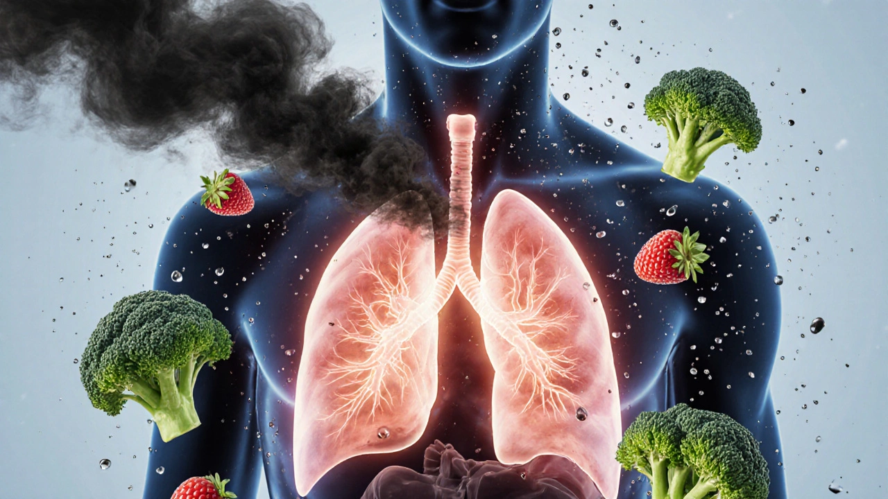 Průhledný lidský trup s čistými plicemi a jaterem, odstraňujícími kouřové látky.