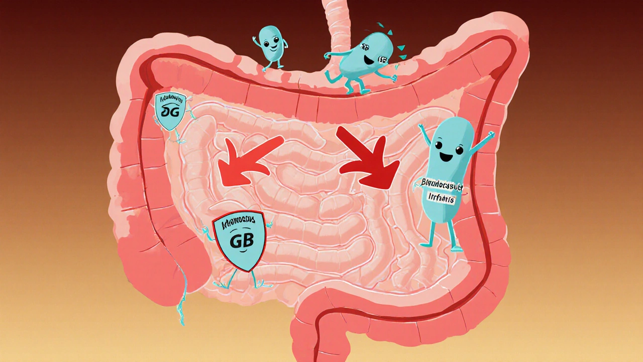 Průřez trávicího ústrojí s živými probiotickými bakteriemi v tlustém střevě