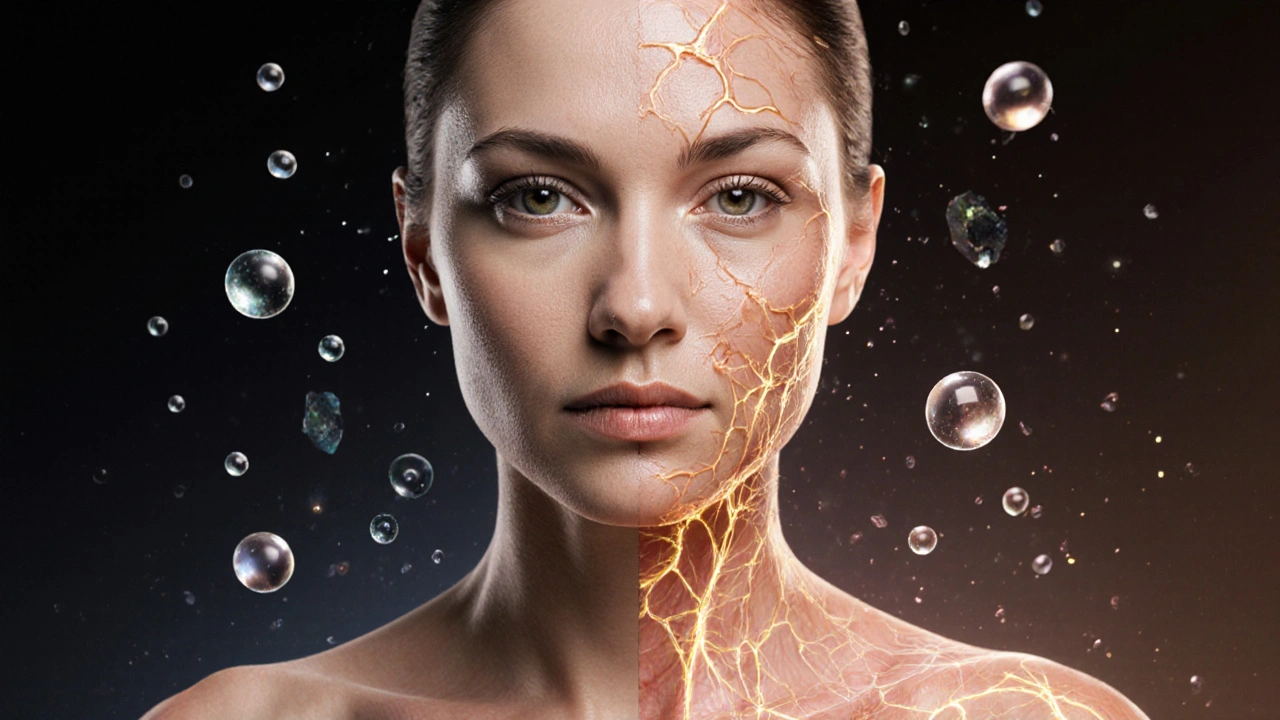 Rozdělený obraz ženy: jedna strana s vráskami, druhá s leskem a kolagenovými vlákny.