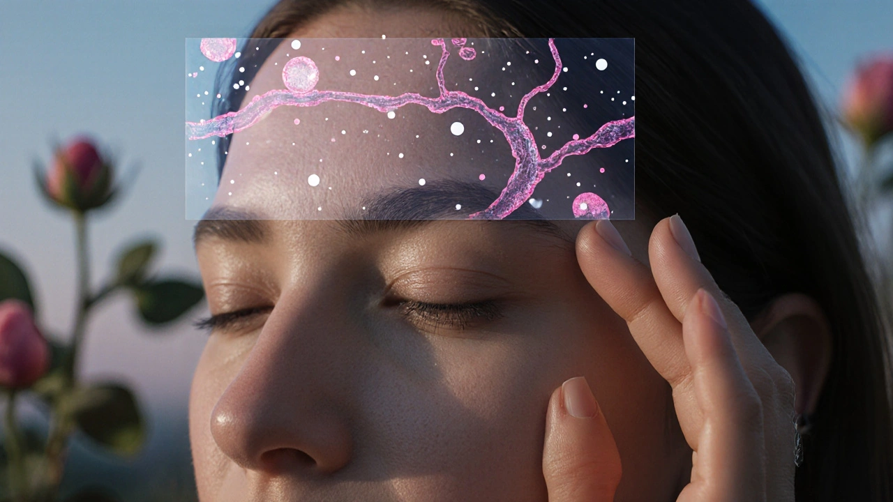 Ruka aplikuje kapku rosehip oleje na čelo, s jemným efektem obnovy pleti.