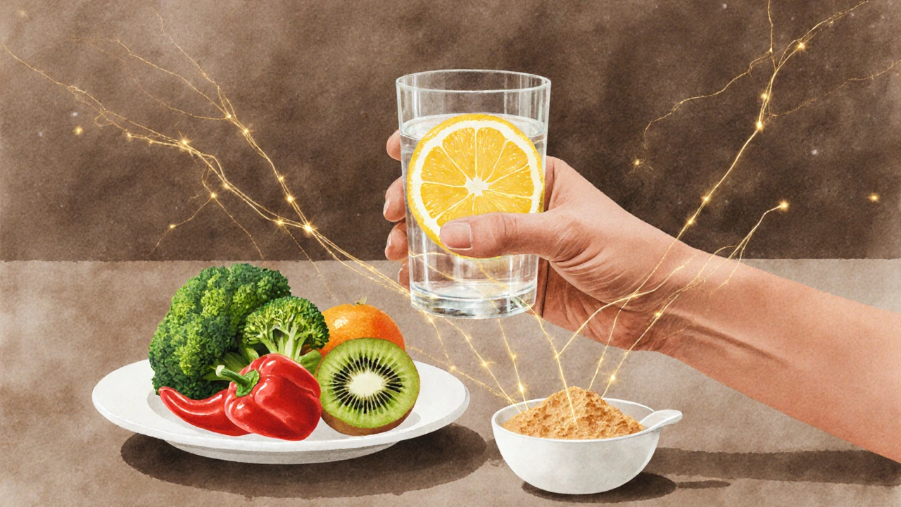 Ruka drží sklenici citronové vody a talíř s paprikou, brokolicí a kolagenem.