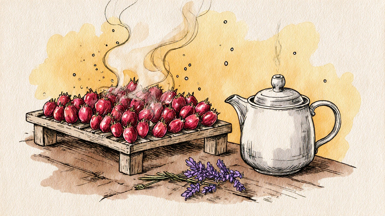 Šípkové růžičky sušené na dřevěné pařátku s čajem