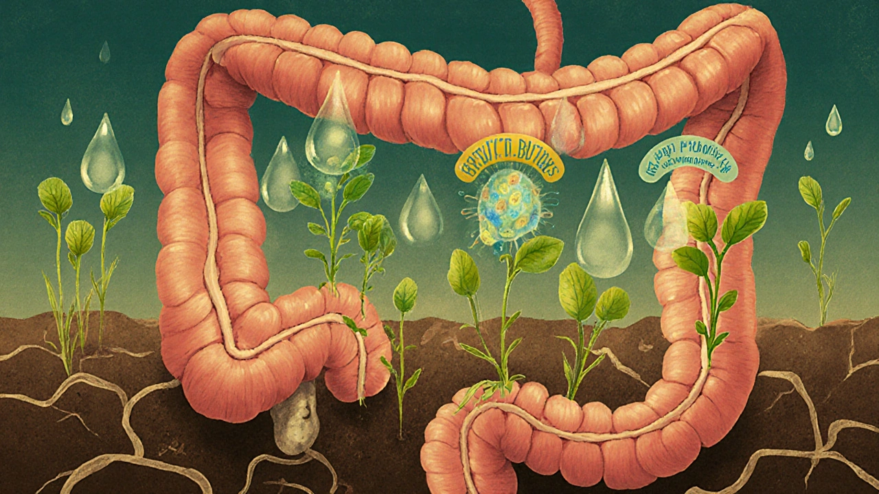 Střevo jako zahrada s živými bakteriemi jako rostlinami, zalévanými probiotiky.